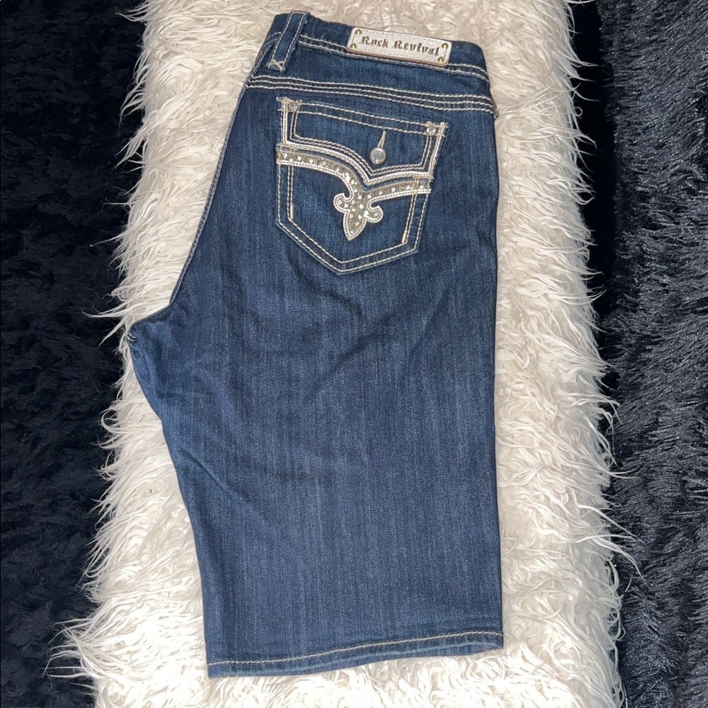 Rock Revival Dark Blue Denim Shorts with Embellished Pockets